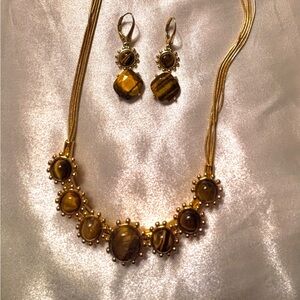 Genuine Tiger Eye Dangle Earrings and necklace set multistrand 23” gold
